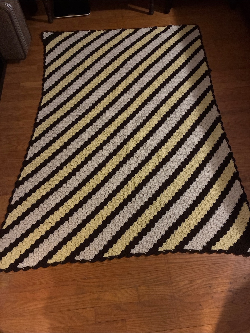 Vintage Diagonal Stripe Crochet Throw in Brown, Cream & Pale Yellow